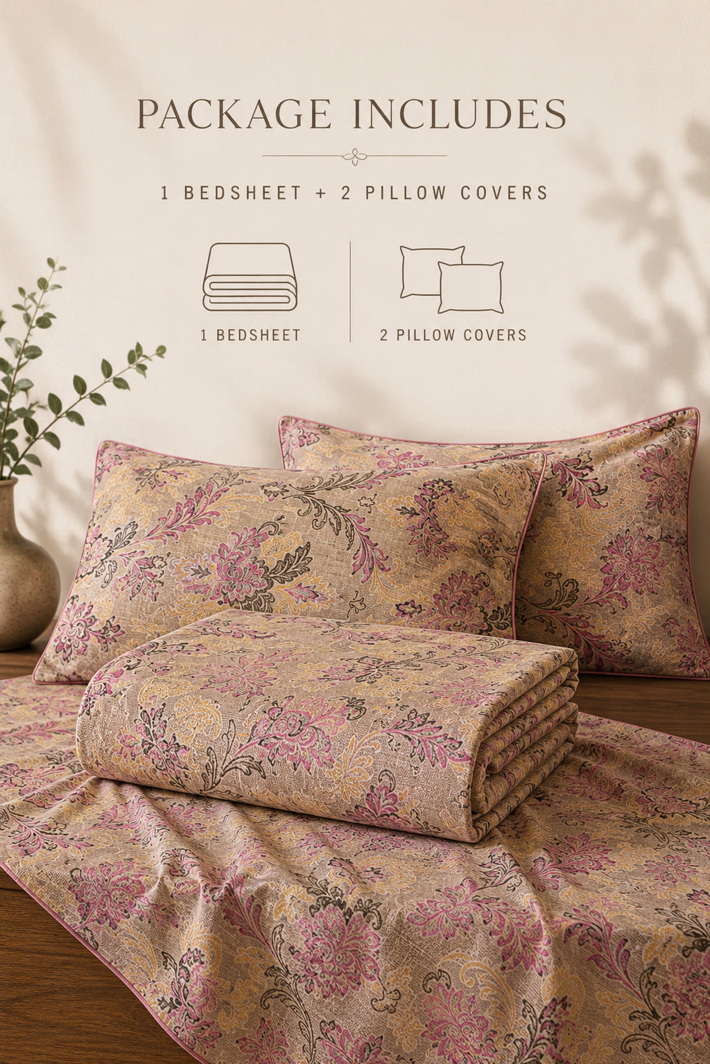 Blush Heritage Floral Cotton Bedsheet Set – Vintage Korean Print with 2 Pillow Covers