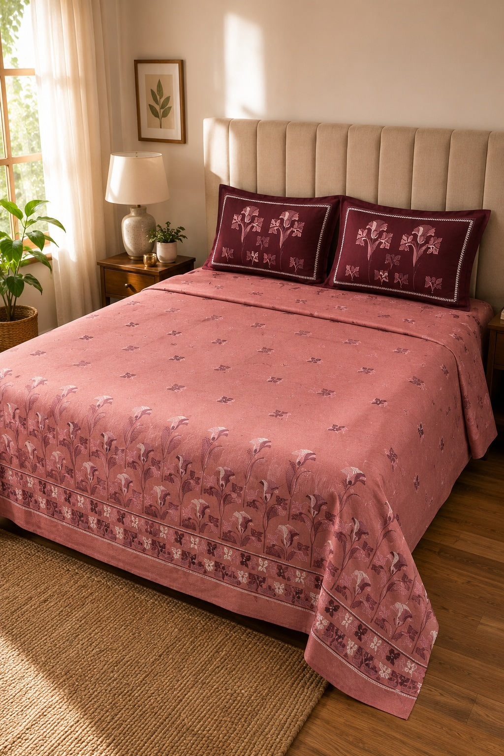 Dusty Rose Floral Bedsheet Set – Elegant Botanical Print with 2 Pillow Covers