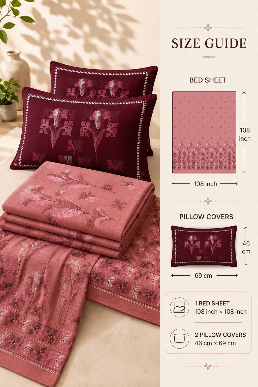 Dusty Rose Floral Bedsheet Set – Elegant Botanical Print with 2 Pillow Covers