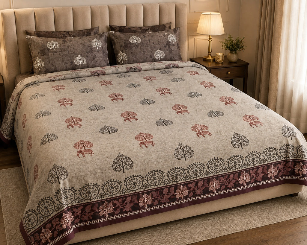 A beige quilted bed with a patterned duvet cover and matching pillows, styled in a warm, neutral-toned bedroom setting with a bedside lamp and curtains.