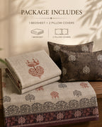 A folded beige linen bedsheet with a red and brown tree motif and a patterned border, displayed alongside two matching pillow covers on a wooden surface. Text at the top reads 'PACKAGE INCLUDES' and specifies one bedsheet and two pillow covers.