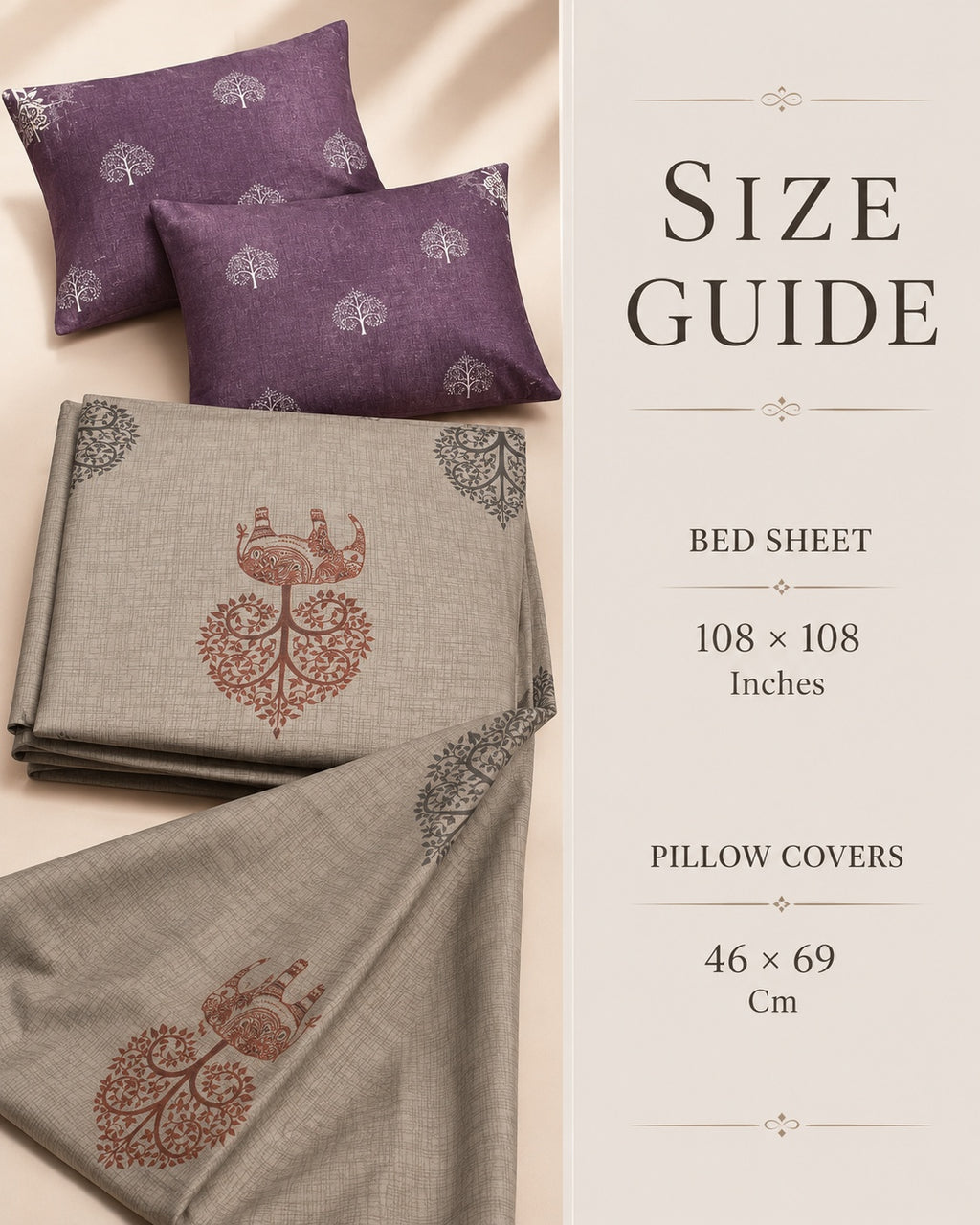 Size guide graphic for a bedding set showing a folded beige bed sheet with a brown bird-and-tree motif and two purple pillow covers with white motifs, alongside text listing dimensions for bed sheet and pillow covers.