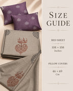 Size guide graphic for a bedding set showing a folded beige bed sheet with a brown bird-and-tree motif and two purple pillow covers with white motifs, alongside text listing dimensions for bed sheet and pillow covers.
