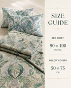 A bedding size guide graphic showing a bed sheet and pillow covers with an ornate floral damask pattern in muted green, blue, and beige tones. The left side displays the product, while the right side contains text reading 'SIZE GUIDE' with measurements for bed sheet 90 x 100 inches and pillow covers 50 x 75 cm.