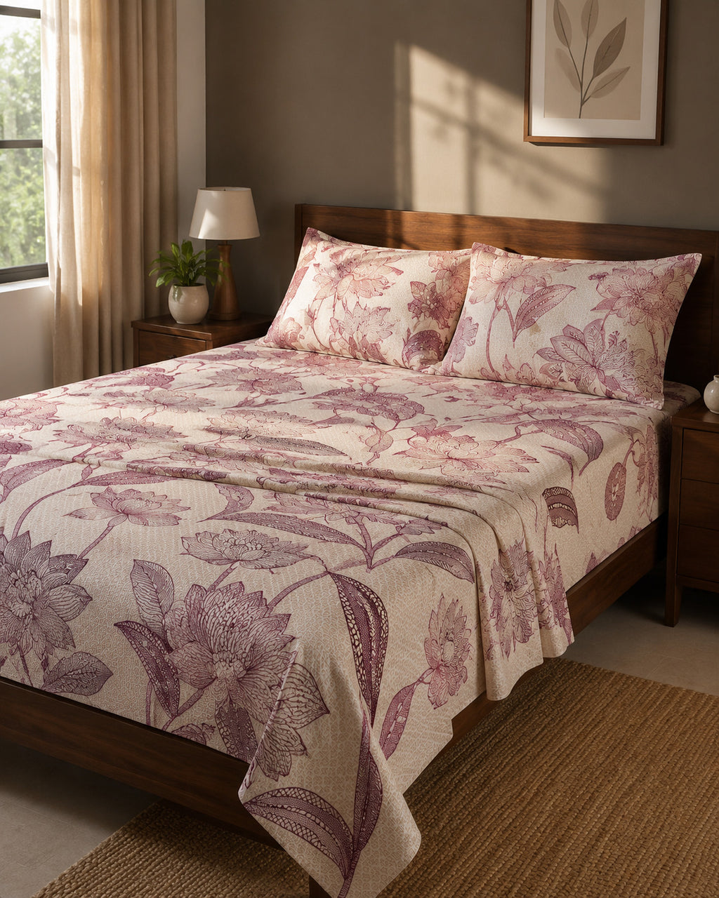 Vintage Floral Print Cotton Bedsheet Set with 2 Pillow Covers – Blush Botanical