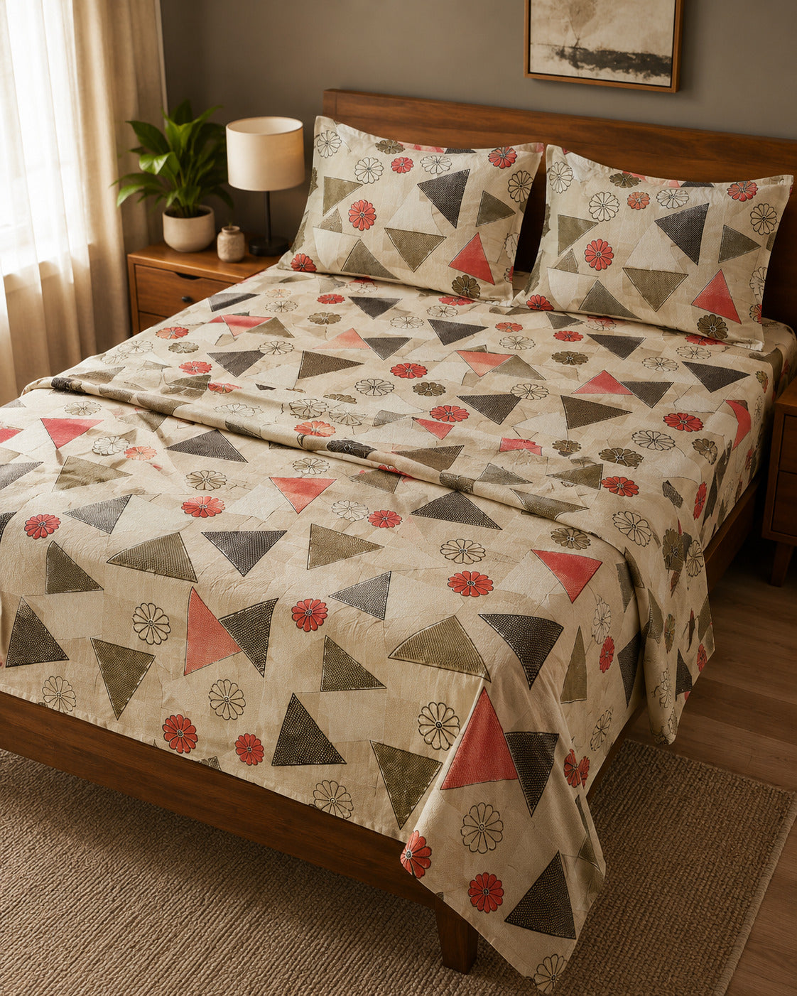 A bed dressed in a beige geometric print bedding set with red and gray triangles and floral motifs, styled in a warm bedroom setting with wooden furniture and a bedside lamp.