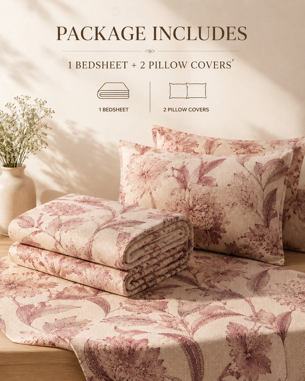 Vintage Floral Print Cotton Bedsheet Set with 2 Pillow Covers – Blush Botanical