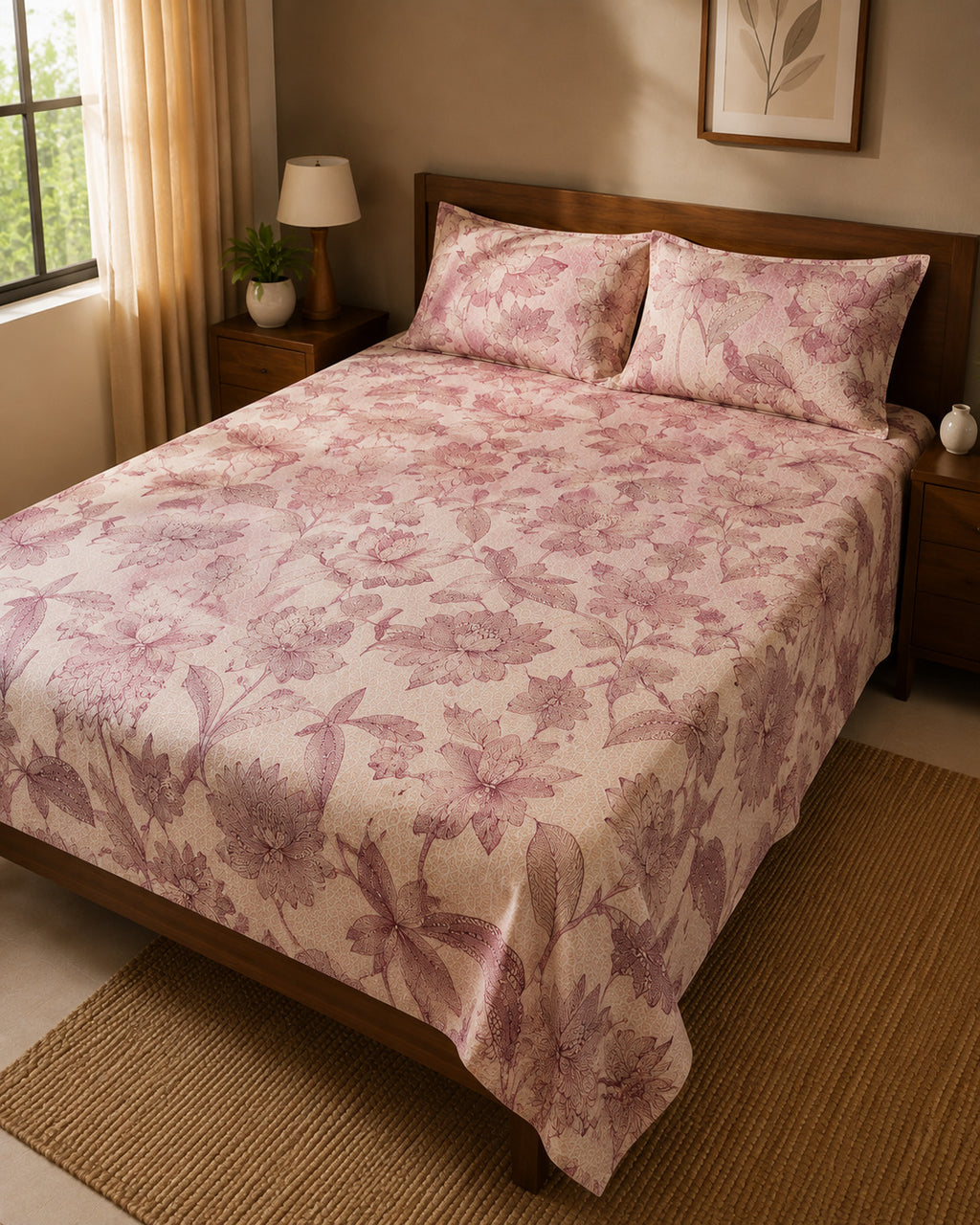 Vintage Floral Print Cotton Bedsheet Set with 2 Pillow Covers – Blush Botanical