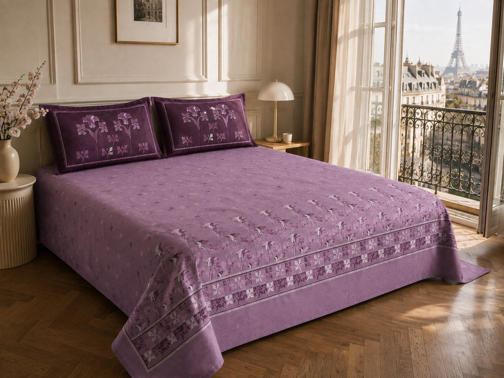 Lavender Floral Bedsheet Set – Elegant Botanical Bloom Print with Paris Heritage Design & 2 Pillow Covers
