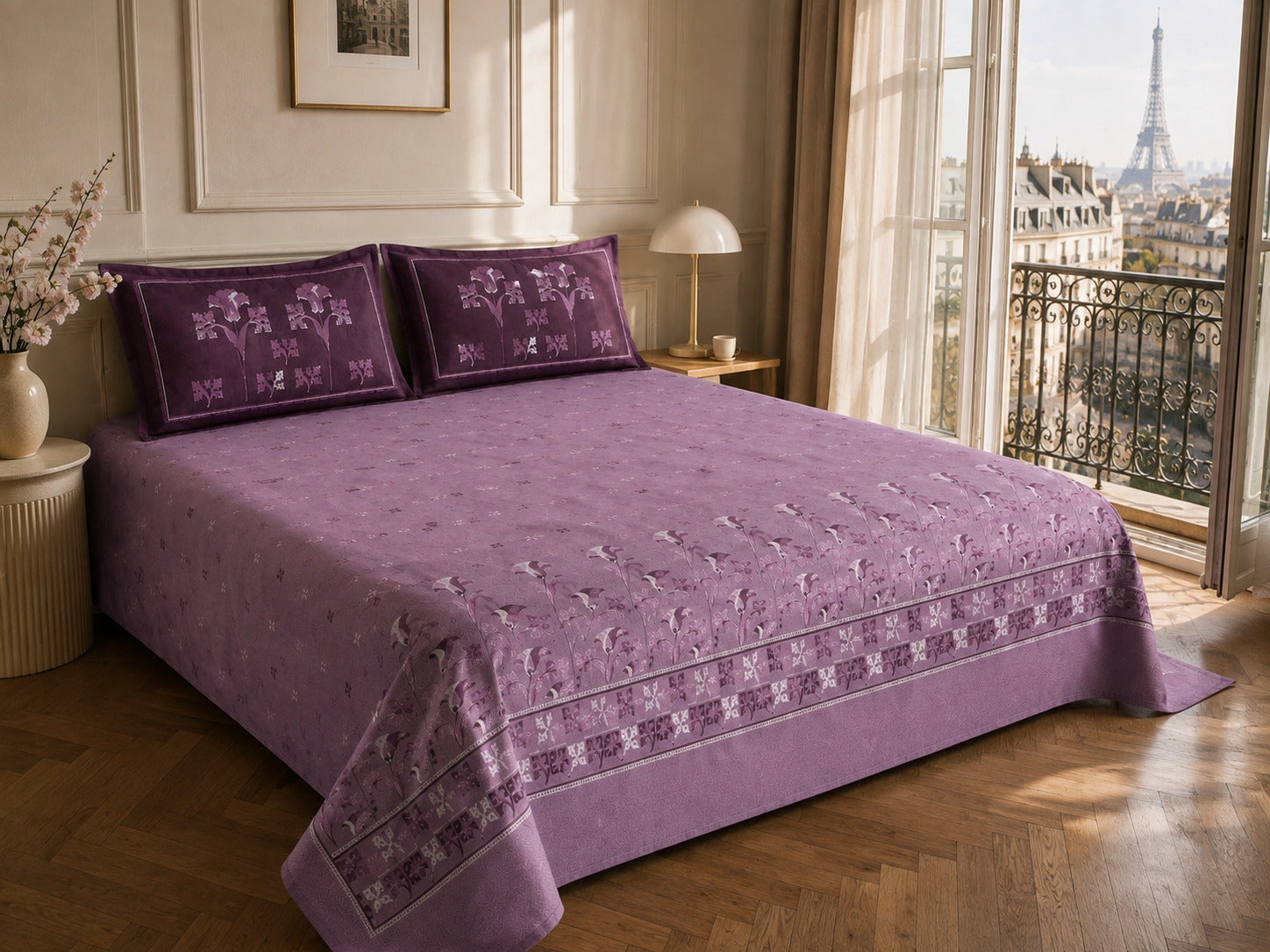 Lavender Floral Bedsheet Set – Elegant Botanical Bloom Print with Paris Heritage Design & 2 Pillow Covers