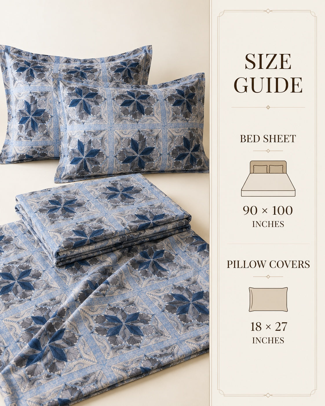 Blue Floral Bedsheet Set – Elegant Block-Print Inspired Floral Pattern with 2 Pillow Covers