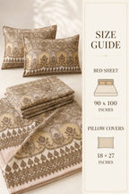 A bedding set with an intricate beige and brown paisley and geometric pattern, shown folded and with two matching pillowcases. A vertical size guide panel on the right lists dimensions for bed sheets (90 x 100 inches) and pillow covers (18 x 27 inches).