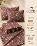 A bedding set with a dusty mauve floral pattern, including a bed sheet, folded sheets, and two pillow covers, displayed alongside a size guide panel detailing measurements for bed sheet and pillow covers.