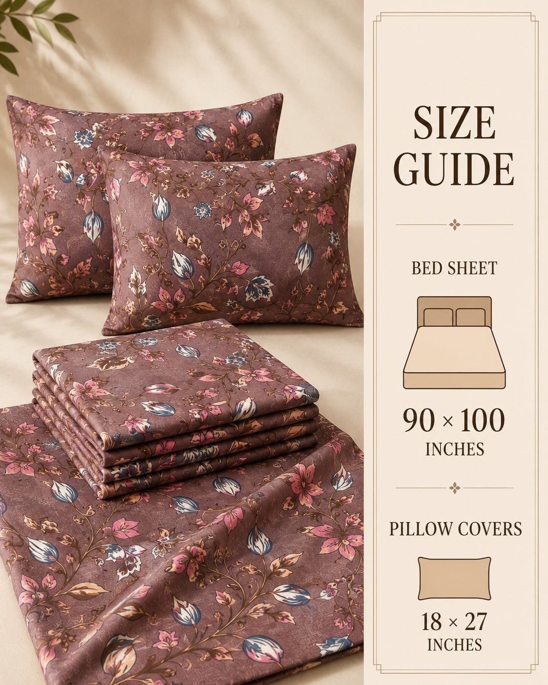 A bedding set with a dusty mauve floral pattern, including a bed sheet, folded sheets, and two pillow covers, displayed alongside a size guide panel detailing measurements for bed sheet and pillow covers.