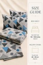 A bedding set with geometric patterned sheets and pillowcases displayed next to a size guide panel detailing measurements for bed sheets and pillow covers.