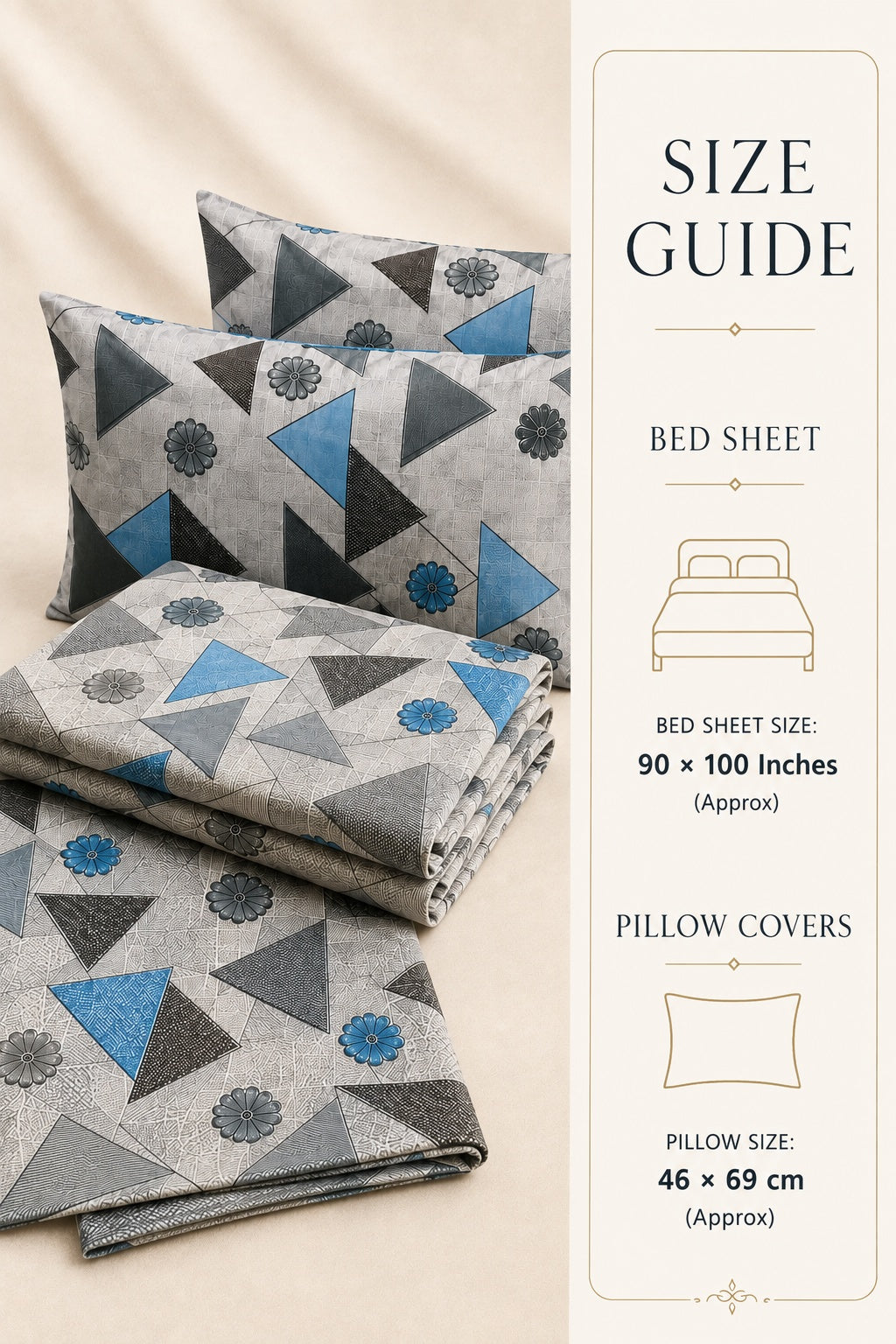 A bedding set with geometric patterned sheets and pillowcases displayed next to a size guide panel detailing measurements for bed sheets and pillow covers.