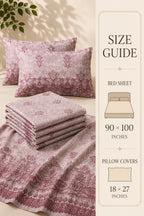 A bedding set in a dusty mauve color with a traditional damask pattern and lace-like border, displayed on a bed with two pillows and a folded stack of sheets. A vertical size guide panel on the right lists dimensions for the bed sheet (90 x 100 inches) and pillow covers (18 x 27 inches).