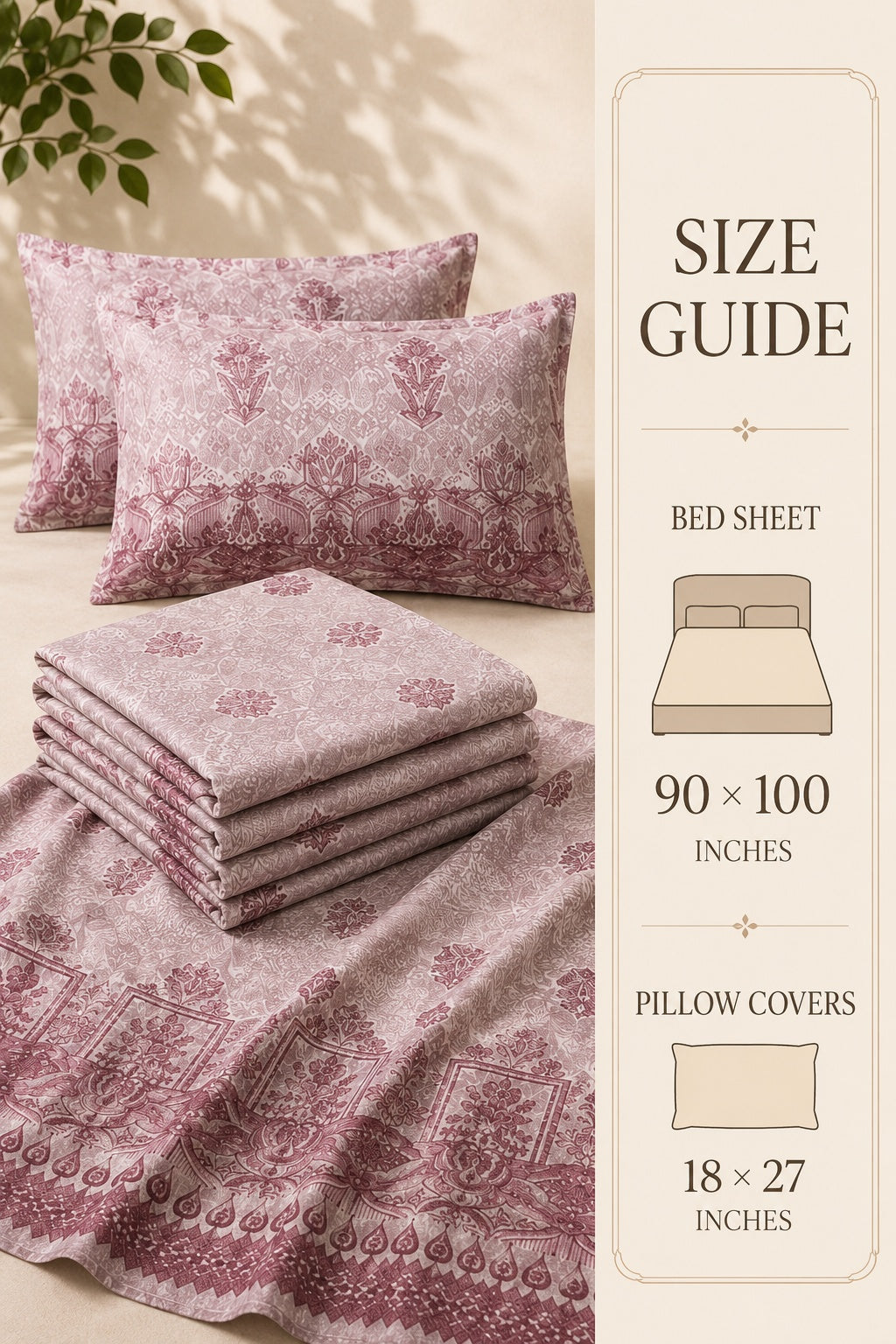 A bedding set in a dusty mauve color with a traditional damask pattern and lace-like border, displayed on a bed with two pillows and a folded stack of sheets. A vertical size guide panel on the right lists dimensions for the bed sheet (90 x 100 inches) and pillow covers (18 x 27 inches).