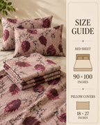 A bedding set with a textured beige fabric and a dark burgundy leaf pattern, shown with folded sheets and two matching pillowcases on a bed. A vertical size guide panel on the right lists dimensions for a bed sheet (90 x 100 inches) and pillow covers (18 x 27 inches).