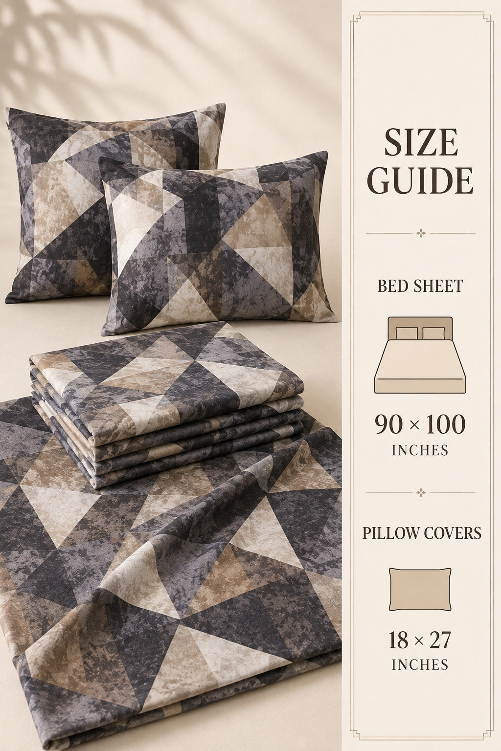 Charcoal Geo Cotton Bedsheet Set – Modern Abstract Geometric Print with 2 Pillow Covers