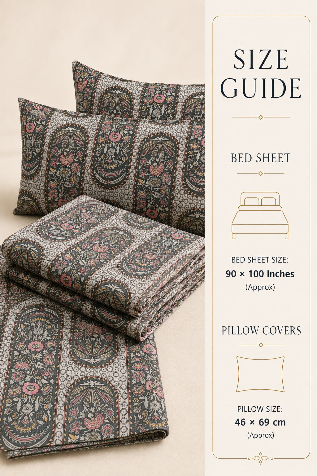 A bedding set with a detailed paisley and floral pattern in muted gray, pink, and green tones, shown folded and with two pillowcases on the left, next to a vertical size guide panel on the right detailing measurements for a bed sheet and pillow covers.