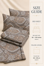 A bedding set with a brown, beige, and gray paisley pattern, including a folded bed sheet, two pillowcases, and a size guide panel on the right detailing dimensions.
