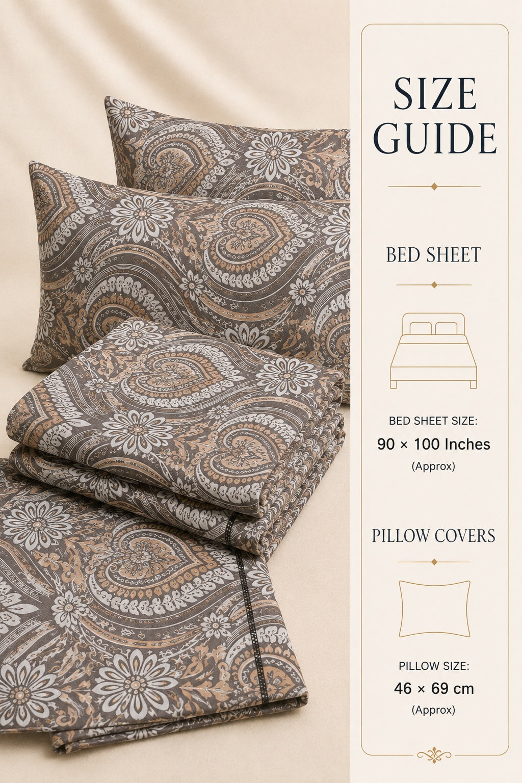 A bedding set with a brown, beige, and gray paisley pattern, including a folded bed sheet, two pillowcases, and a size guide panel on the right detailing dimensions.