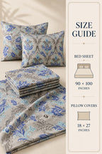 A bedding set with a damask pattern in blue, gray, and beige, shown folded and styled with two matching pillowcases on a beige background. A vertical panel on the right displays a size guide with text and simple illustrations for bed sheet and pillow cover dimensions.