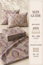A bedding set with a damask pattern in muted purple, beige, and yellow, shown folded and with two pillows on a light beige background, alongside a vertical size guide panel detailing bed sheet and pillow cover measurements.