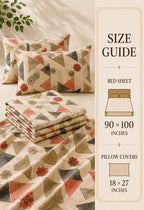 A bedding set with a geometric triangle pattern in beige, gray, and terracotta red, styled on a bed with matching pillowcases and a folded stack of sheets. A vertical panel on the right displays size information for bed sheets (90 x 100 inches) and pillow covers (18 x 27 inches).