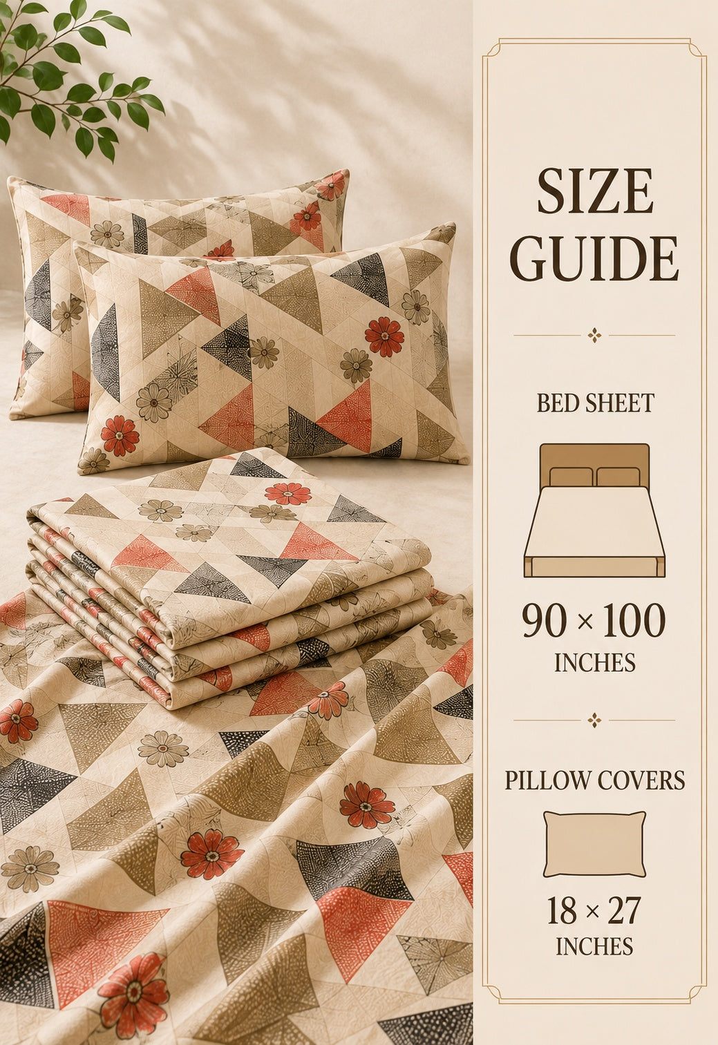 A bedding set with a geometric triangle pattern in beige, gray, and terracotta red, styled on a bed with matching pillowcases and a folded stack of sheets. A vertical panel on the right displays size information for bed sheets (90 x 100 inches) and pillow covers (18 x 27 inches).