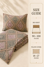 A bedding set with a geometric patterned bed sheet and matching pillow cover, shown alongside a size guide panel detailing dimensions for a bed sheet of 90 x 100 inches and pillow covers of 18 x 27 inches.