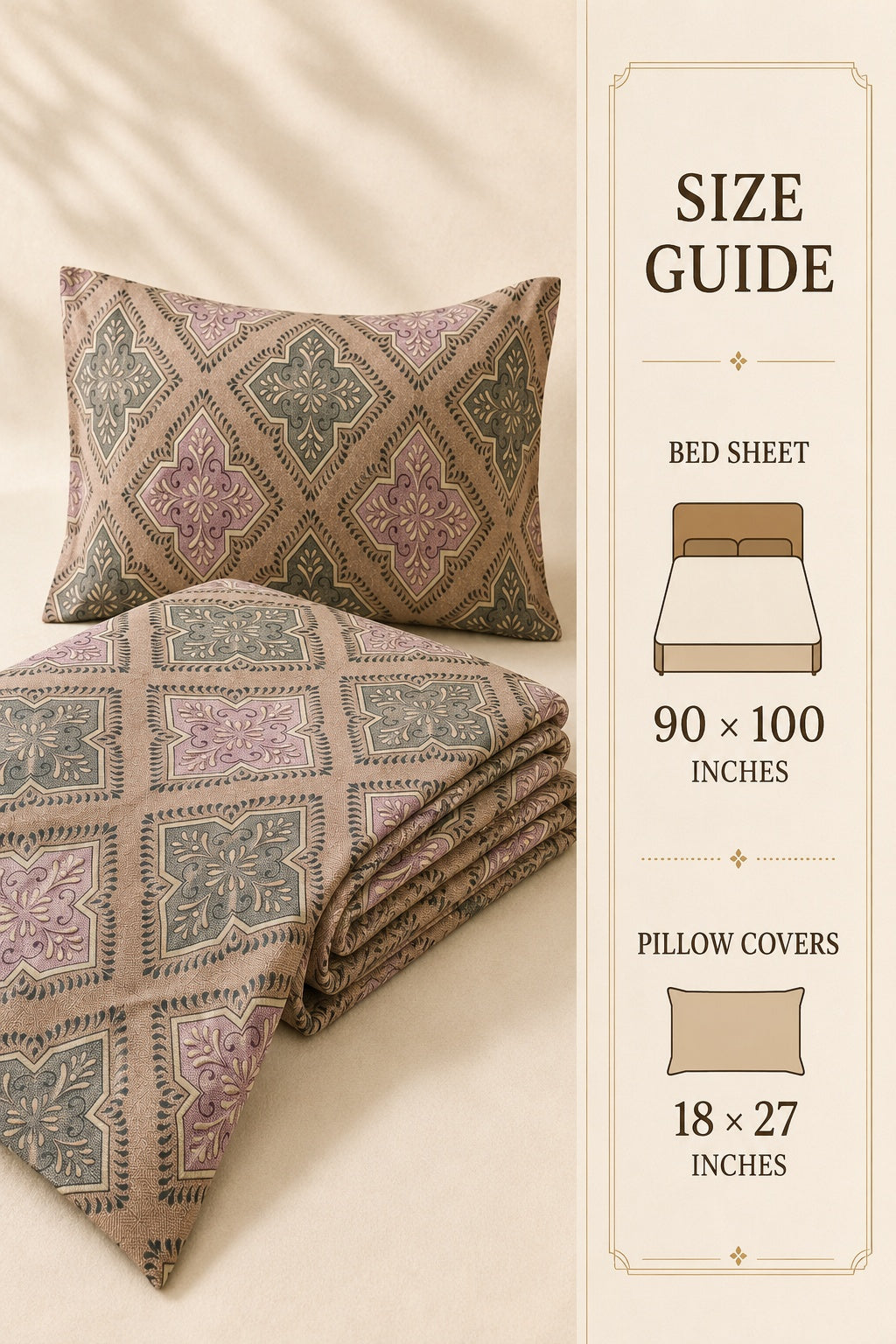 A bedding set with a geometric patterned bed sheet and matching pillow cover, shown alongside a size guide panel detailing dimensions for a bed sheet of 90 x 100 inches and pillow covers of 18 x 27 inches.