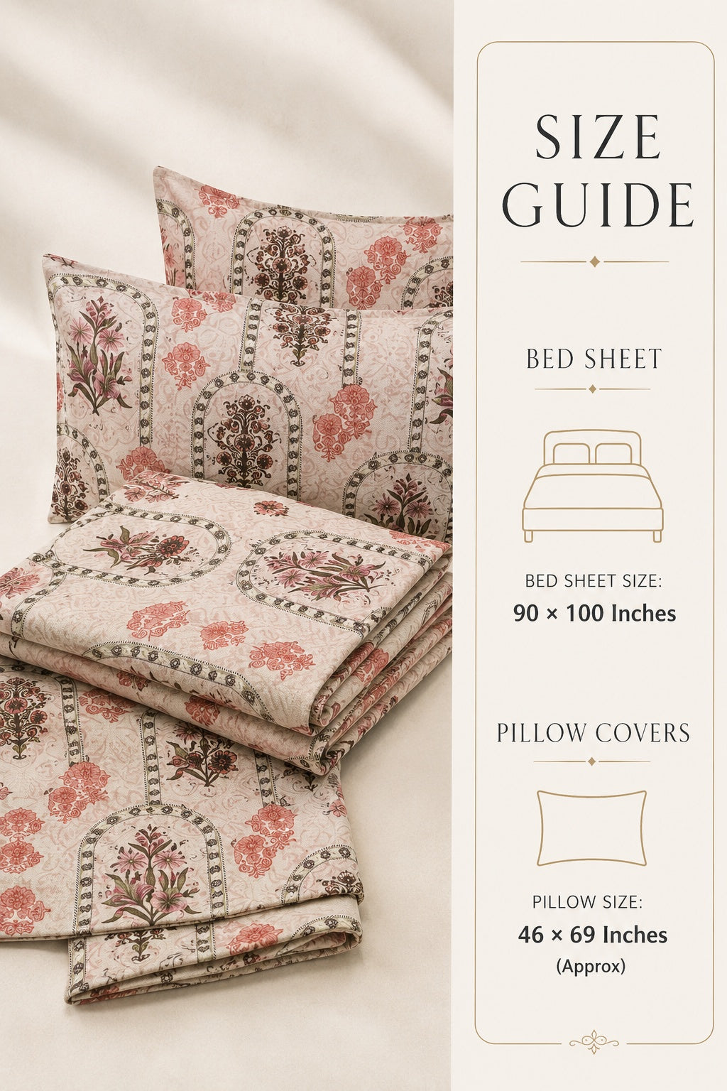 A bedding set with a beige, brown, and dusty pink botanical arch pattern, shown folded and with two pillows on a cream fabric background, next to a size guide panel detailing bed sheet and pillow cover measurements.