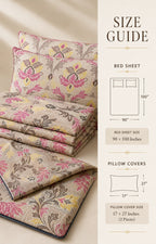 A bedding size guide graphic showing folded floral-patterned sheets and pillowcases on the left, with text and simple line drawings on the right detailing bed sheet and pillow cover dimensions.