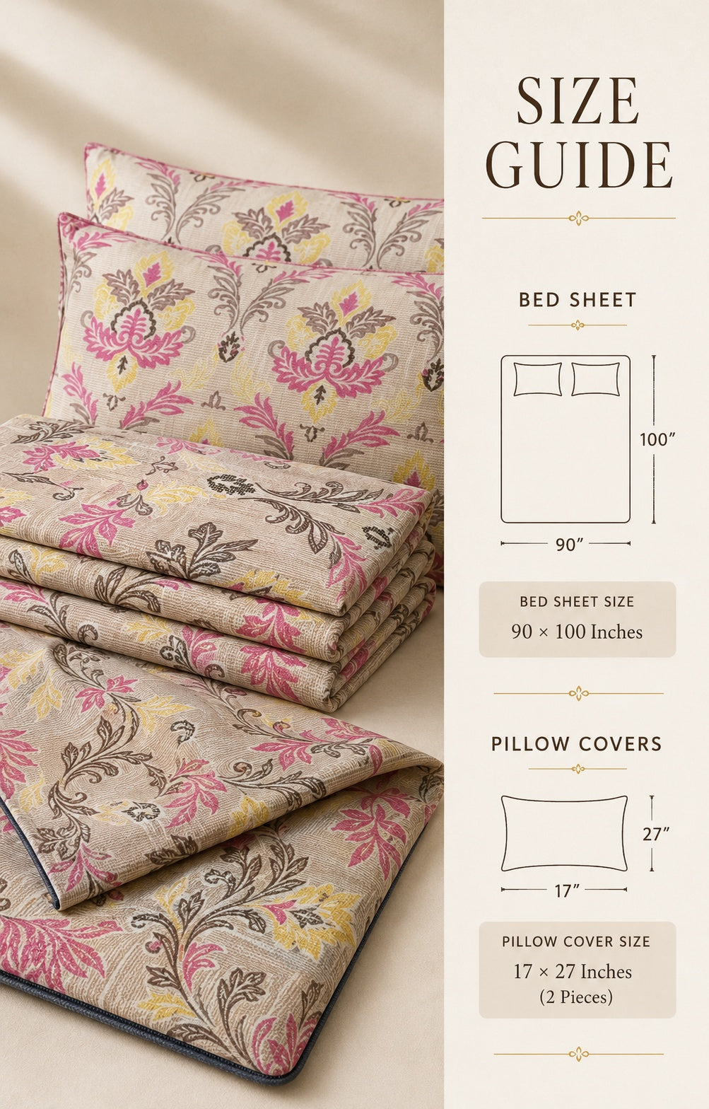 A bedding size guide graphic showing folded floral-patterned sheets and pillowcases on the left, with text and simple line drawings on the right detailing bed sheet and pillow cover dimensions.