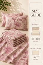 A bedding set with a dusty pink floral pattern on a cream background, featuring a bed sheet, two pillowcases, and a folded stack of sheets on a bed. A vertical size guide panel on the right lists dimensions for the bed sheet (90 x 100 inches) and pillow covers (18 x 27 inches).