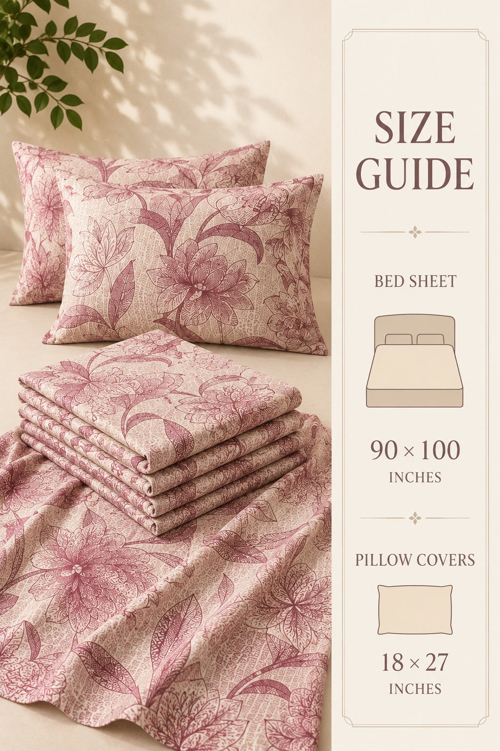 A bedding set with a dusty pink floral pattern on a cream background, featuring a bed sheet, two pillowcases, and a folded stack of sheets on a bed. A vertical size guide panel on the right lists dimensions for the bed sheet (90 x 100 inches) and pillow covers (18 x 27 inches).