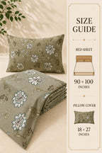 A bedding set with a sage green floral pattern, featuring a folded bed sheet, a matching pillow cover, and a size guide panel on the right detailing dimensions.