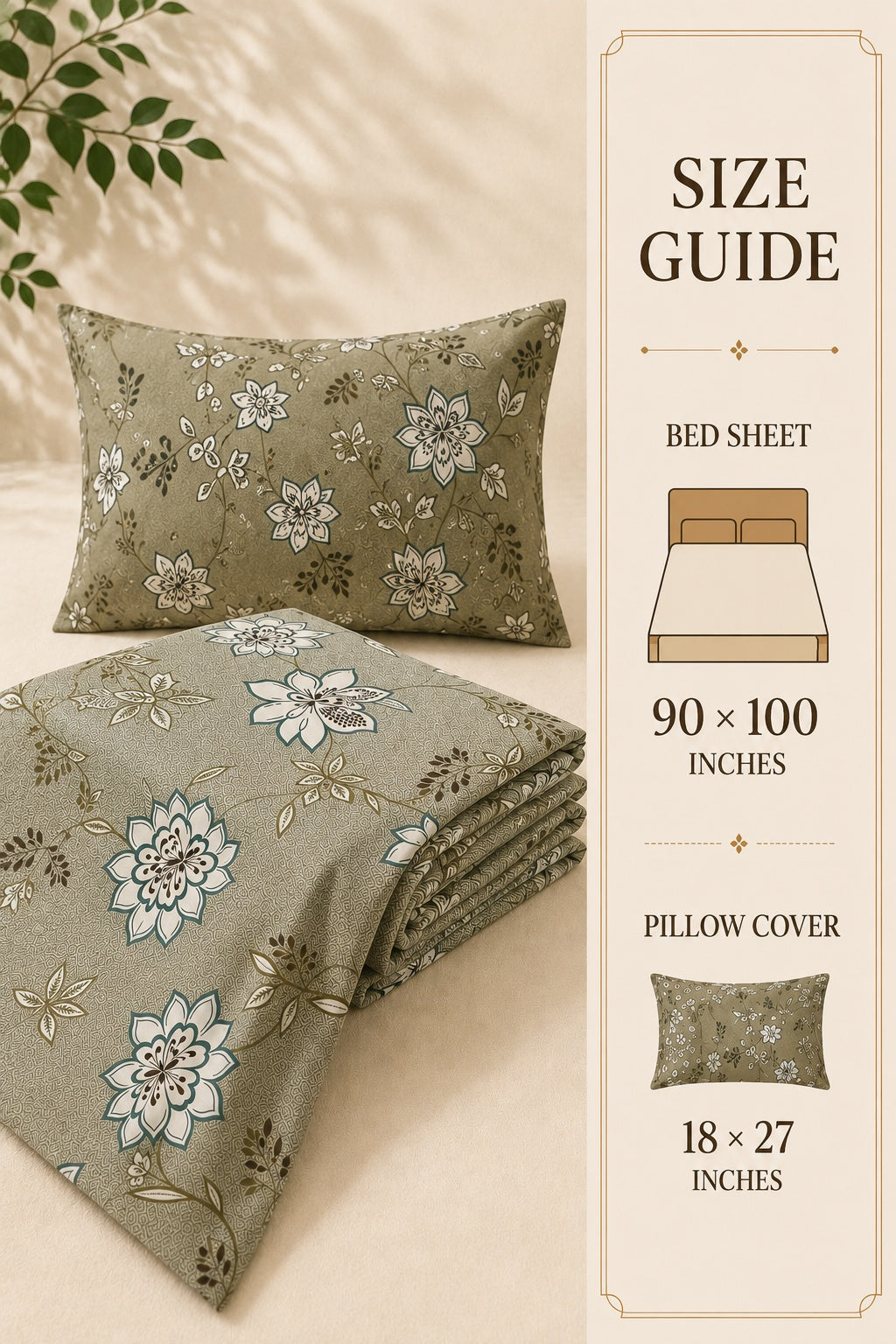 A bedding set with a sage green floral pattern, featuring a folded bed sheet, a matching pillow cover, and a size guide panel on the right detailing dimensions.
