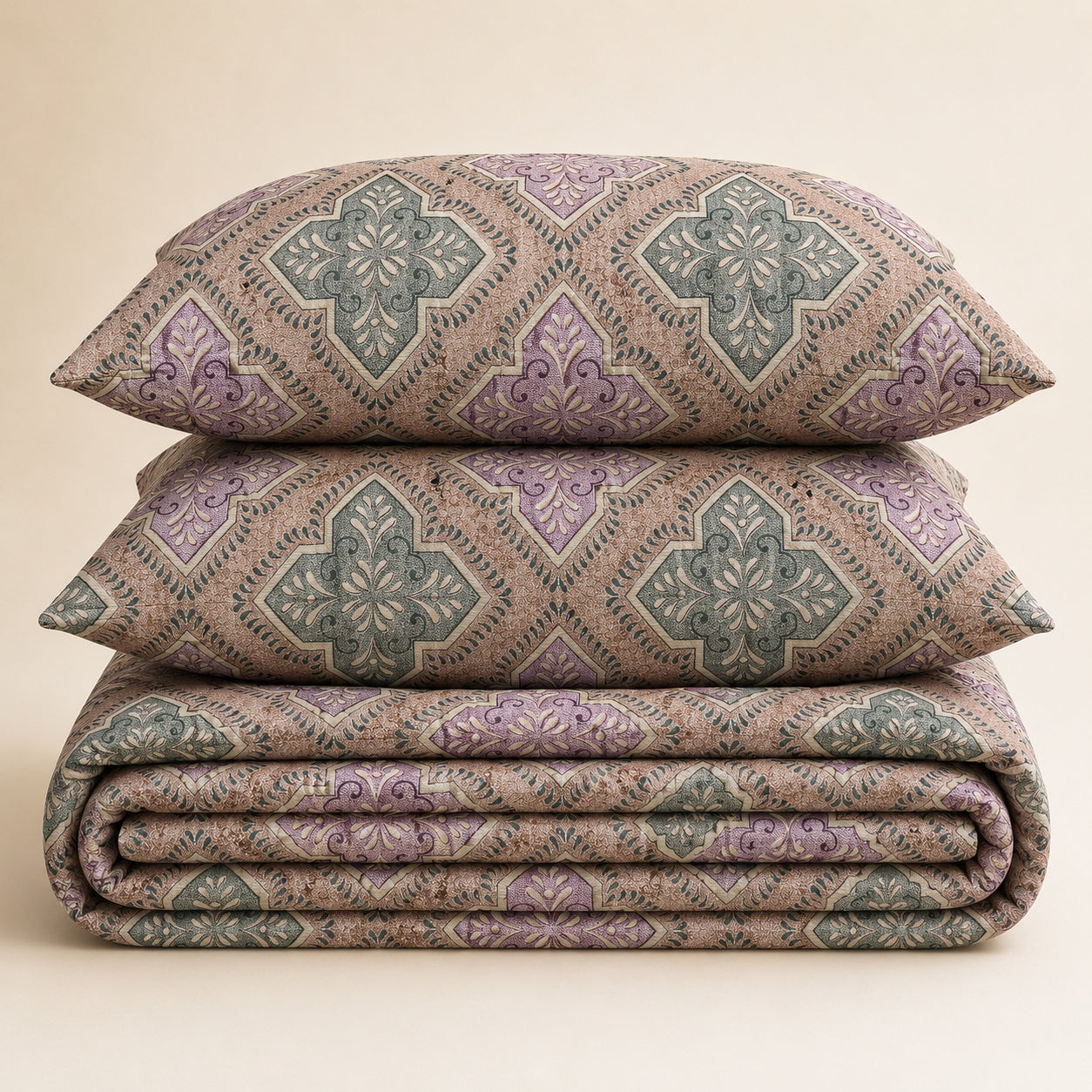 Three stacked pieces of patterned bedding, including two pillows and a folded blanket or comforter, in a dusty purple and sage green geometric design on a beige background.