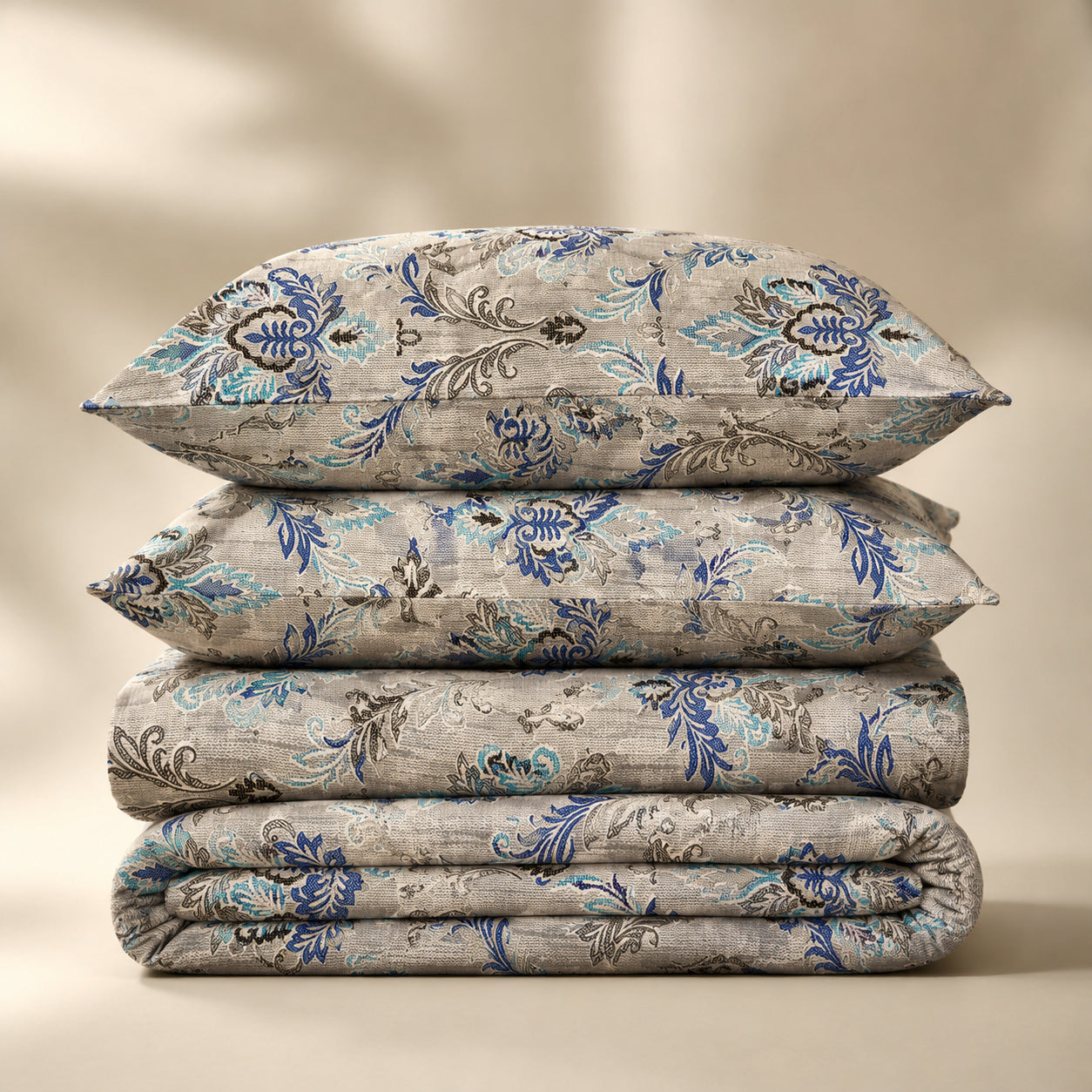 Blue Floral Heritage Bedsheet Set – Elegant Indian Motif Print with 2 Pillow Covers