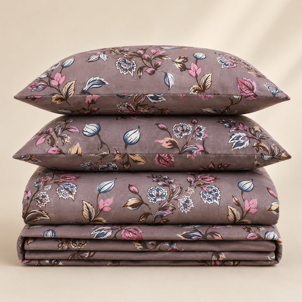Mocha Bloom Floral Cotton Bedsheet Set – Vintage Botanical Print with 2 Pillow Covers