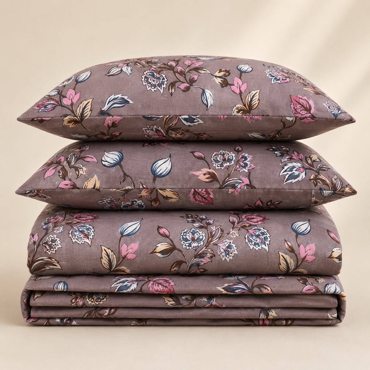Mocha Bloom Floral Cotton Bedsheet Set – Vintage Botanical Print with 2 Pillow Covers
