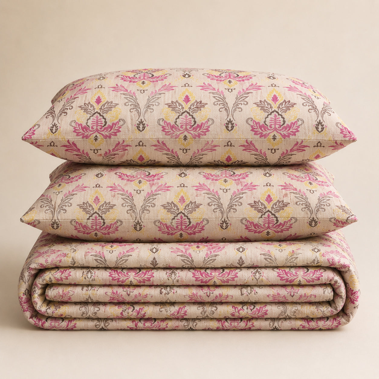 Blush Heritage Floral Cotton Bedsheet Set – Vintage Korean Print with 2 Pillow Covers