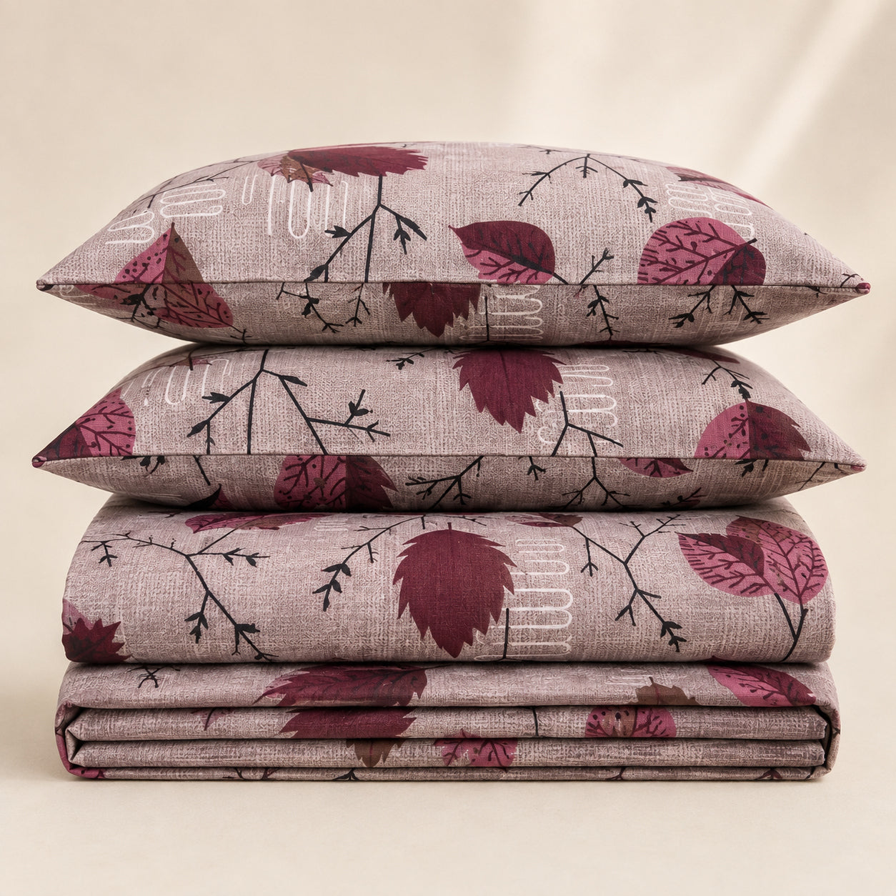 Burgundy Autumn Leaf Cotton Bedsheet Set – Vintage Botanical Print with 2 Pillow Covers