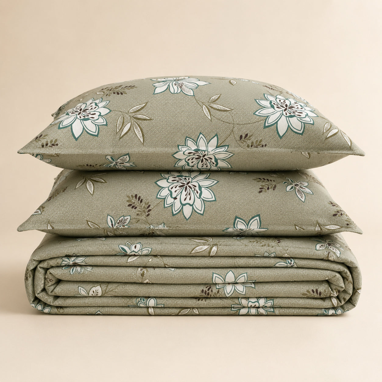 Sage Green Floral Printed Cotton Bedsheet Set with 2 Pillow Covers – Botanical Bloom