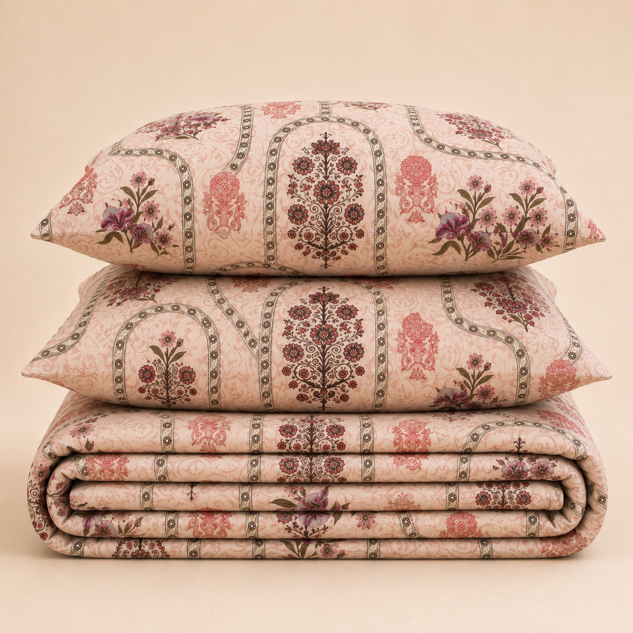 Blush Heritage Floral Cotton Bedsheet Set – Vintage Indian Print with 2 Pillow Covers