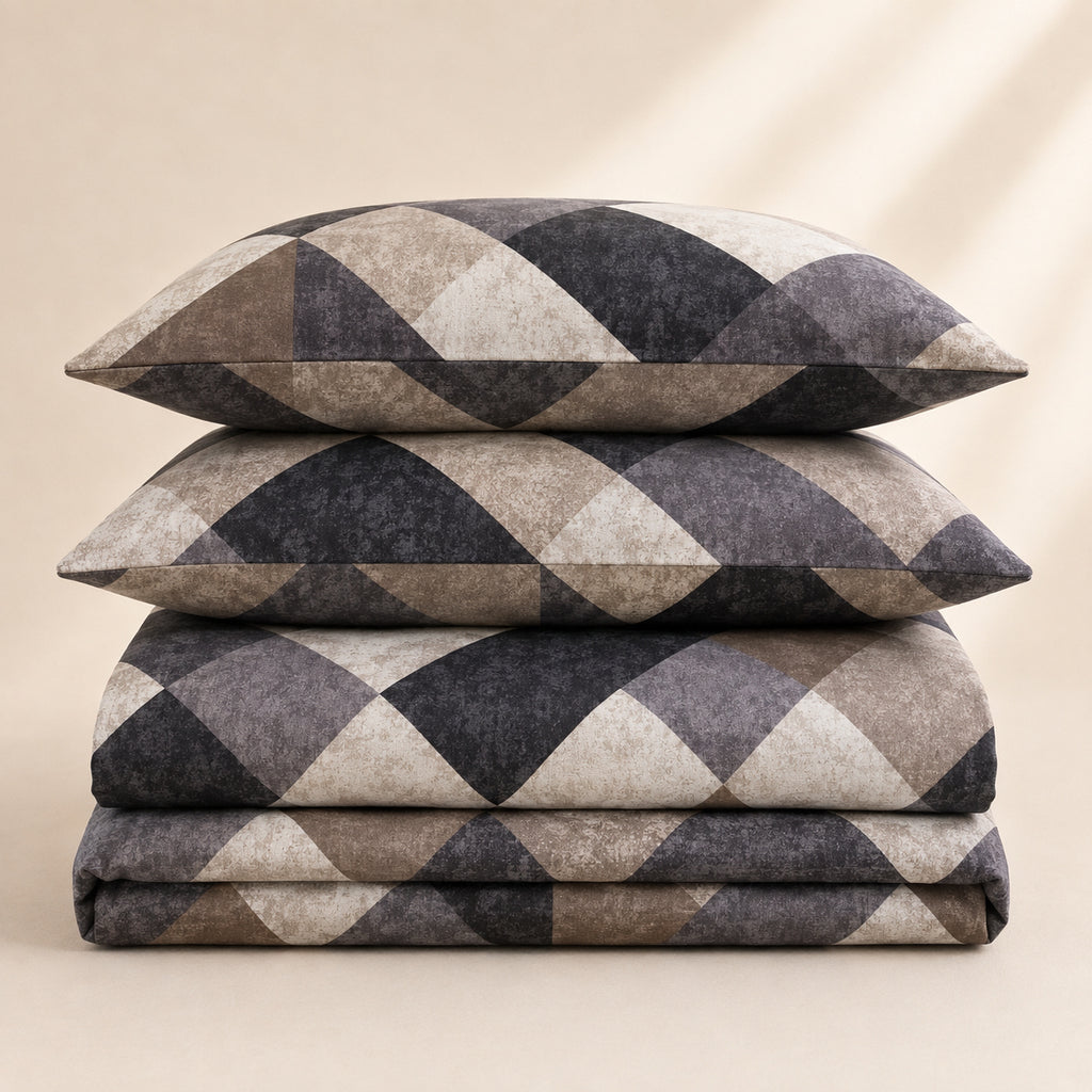Charcoal Geo Cotton Bedsheet Set – Modern Abstract Geometric Print with 2 Pillow Covers