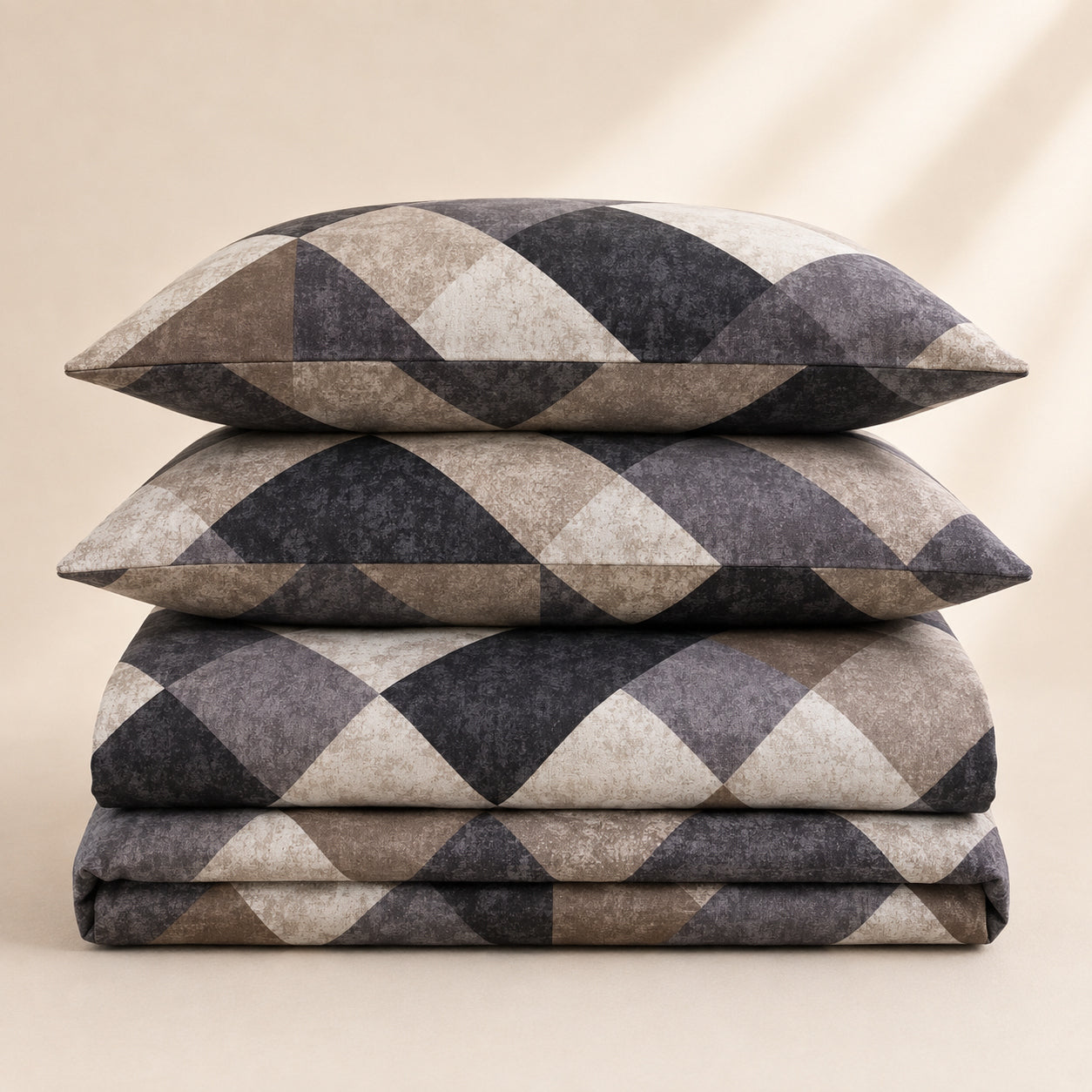 Charcoal Geo Cotton Bedsheet Set – Modern Abstract Geometric Print with 2 Pillow Covers